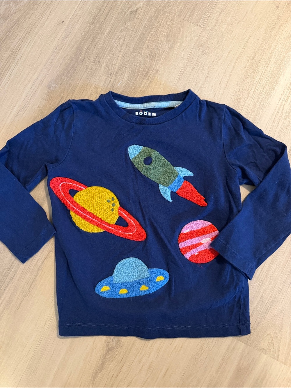 Mini Boden Navy Long-Sleeve Space Applique Tee with Colorful Rockets and Planets